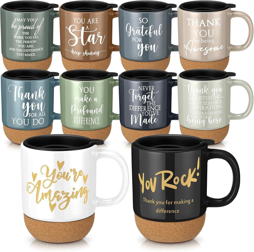 Jingmore 10 Pcs Employee Appreciation Gift Bulk Non-slip Cork Bottom Coffee Mug 13.5 oz Ceramic Tumbler Inspirational Mug Graduation Thank You Gifts for Teacher Volunteer Nurse(Thanks)