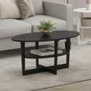 Furinno Jaya 2-Tier Round Coffee Table, Small Black Coffee Table with Storage Shelf, Oval Center Table for Living Room, Bedroom, Home Office, Black Walnut