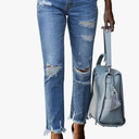 Sidefeel Women's Ripped Jeans Straight Leg Distressed Boyfriend Denim Pants Size 8