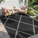 Wonnitar Outdoor Rug 6x9, Waterproof Reversible Plastic Straw Rug for Patio, Foldable Camping Mat with Carry Bag for RV, UV-Resistant Outside Rug for Deck, Balcony, Beach, Black & White