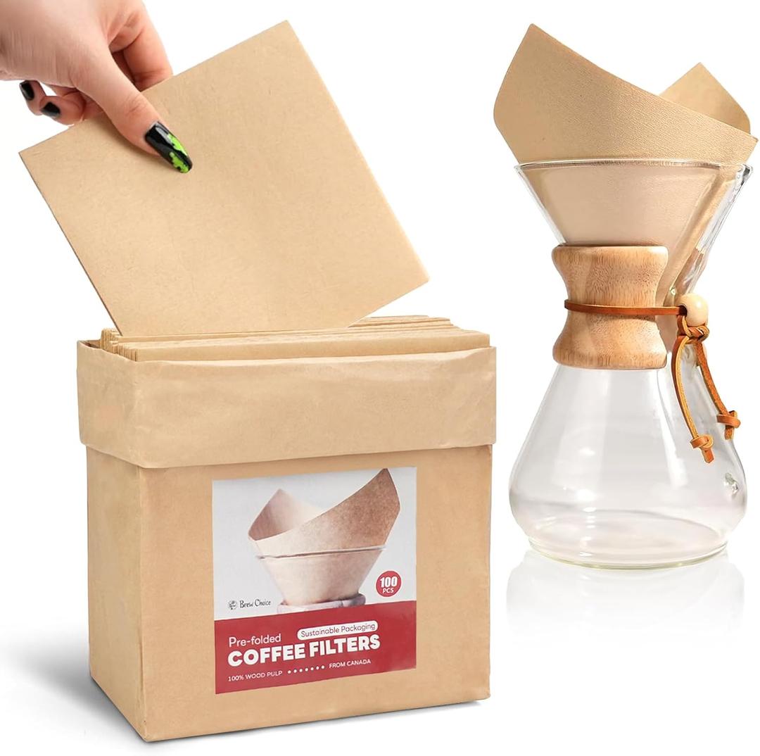 100ct Pre-folded Unbleached Cone Coffee Filters, Upgraded 30% Thicker Natural Paper for Pure Taste, Compatible with Chemex Pour-Over Coffee Makers