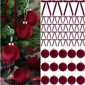 51 Pcs Christmas Burgundy Velvet Ornaments 15 Pcs Christmas Tree Decor Balls 3.14" 36 Pcs Velvet Vintage Ribbon Bows 5/8" Wide 6 * 8" for Xmas Tree Hanging Decorations Home Indoor Decor (Red)