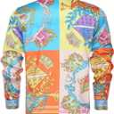 Mens Luxury Brand Print Silk Satin Design Button Down Dress Shirt (XL)