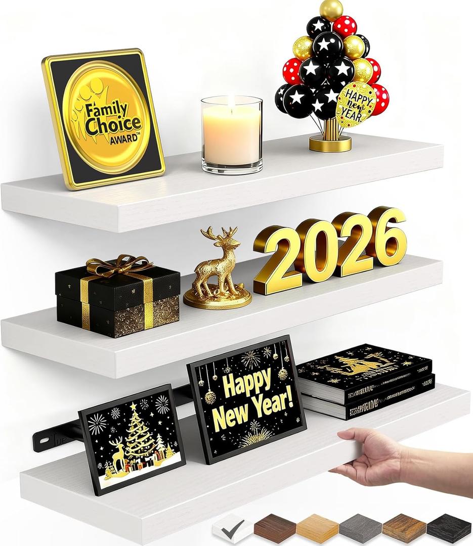 BAYKA White Floating Shelves for Wall  Rustic Wood Wall Shelves with Metal Brackets for Bathroom, Bedroom, Kitchen, or Living Room Decor Organization  Set of 3, Sturdy Storage with 22lb Capacity (15.7inches, C. White - Modern Minimalist Style)