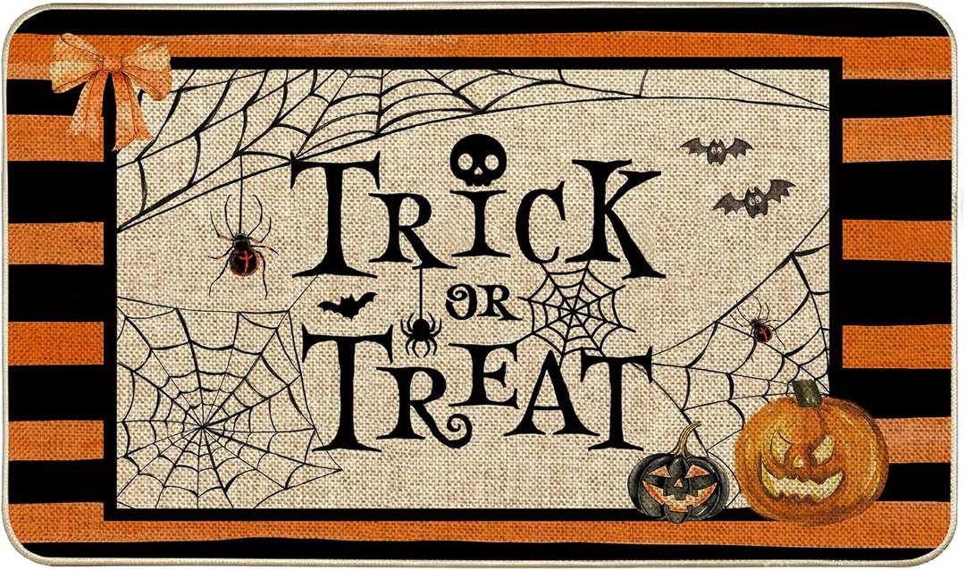 Halloween Trick or Treat Welcome Doormat, Spider Web Doormats Spooky Holiday Decor Front Door Mat Non-Slip Entrance Mat Low Profile Kitchen Floor Rug Decor for Home Patio 17 x 29 Inch
