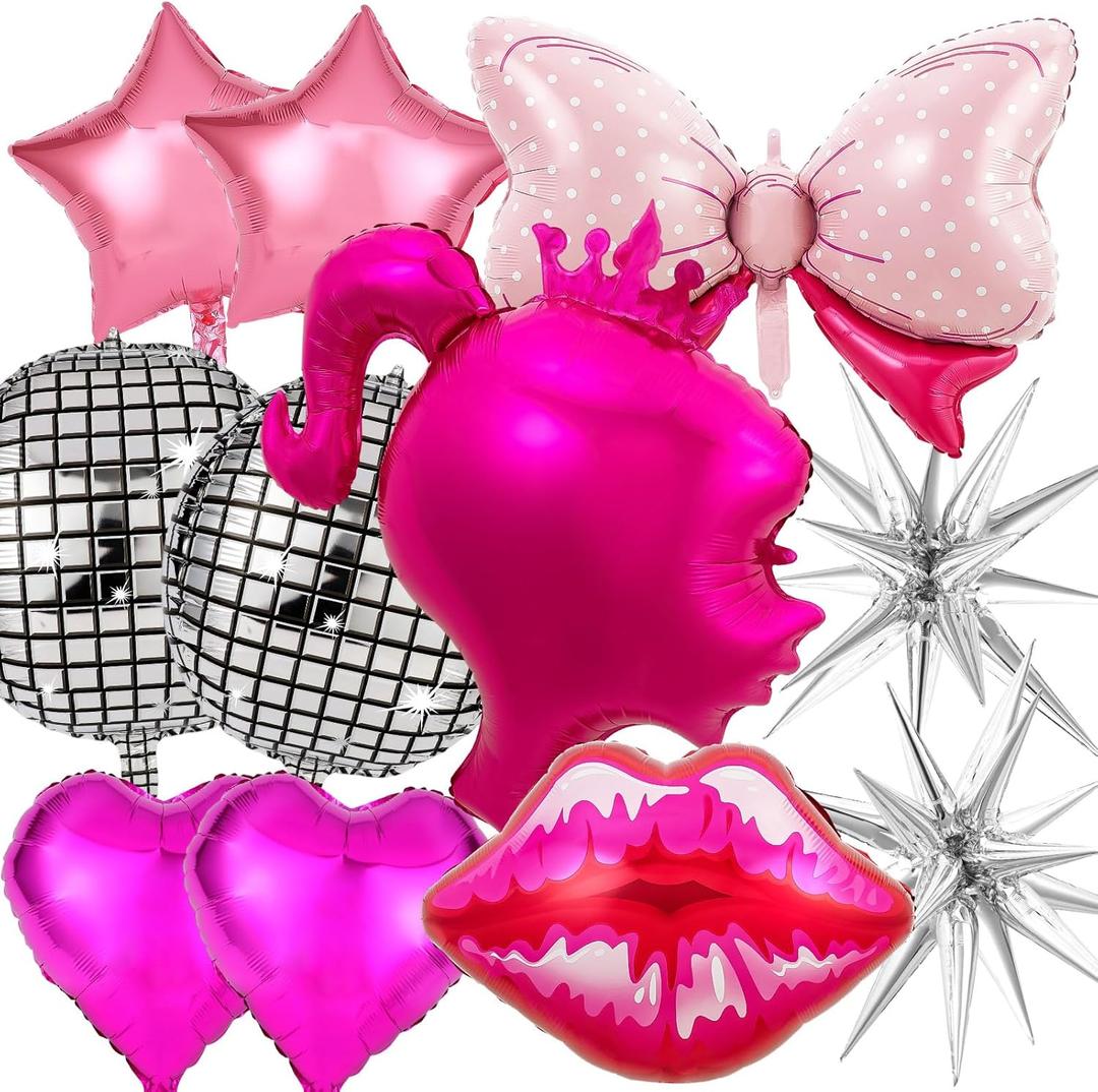 11 Pcs Hot Pink Princess Foil Balloons, Disco Ball Balloon, Girl Head Balloons, Pink and Silver Balloon for Box Photo Booth Backdrop, Birthday, Baby Shower, Bachelorette Theme Party Decorations