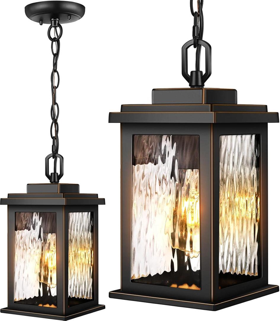 VIANIS Outdoor Pendant Light Fixture, Farmhouse Exterior Hanging Lights with Adjustable Chain, Anti-Rust Aluminum Frame with Temperate Water Glass, Hanging Lantern for Front Door Ceiling Entry Porch (Standard, Black)