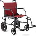 Medline Basic Steel Transport Chair - Full-Length Arms, Swing-Away Footrests, 12" Wheels - Gray/Burgundy - Durable & Convenient Mobility Aid