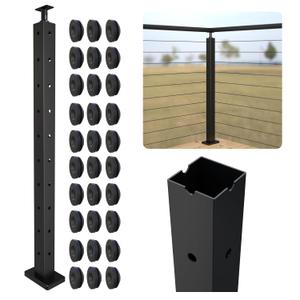 Corner Cable Railing Post 36" (35"x2"x2"), T-drilled Three Sides Corner Post, Stainless Steel Railing Post Adjustable Top, Black Deck Post with Cable Grommets, Surface Mount Post for Porches, Decks