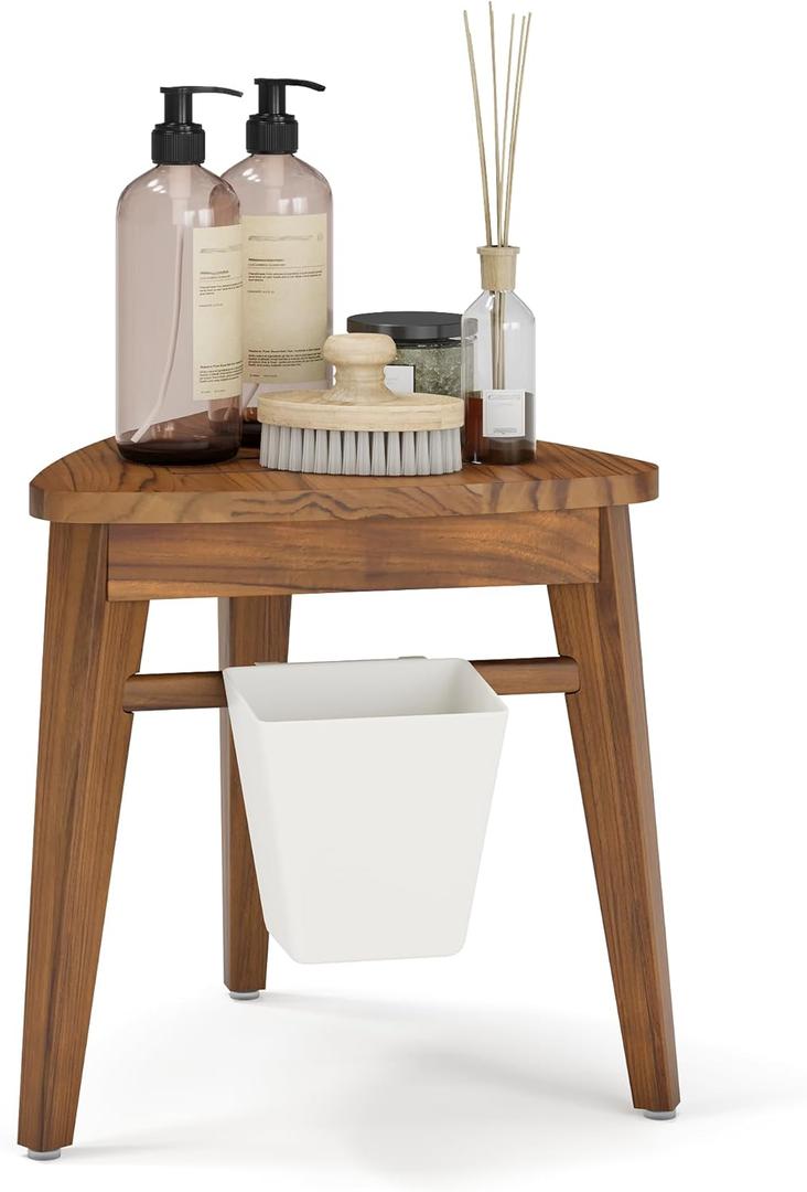Smart FENDEE 12.4 Tall Small Teak Shower Stool for Shaving, Waterproof Corner Foot Rest with Storage Basket, Space-Saving Design for Compact Showers