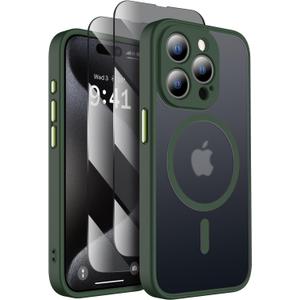SEXYMOM Magnetic for iPhone 15 Pro Case with Privacy Screen Protectors X2 - Upgraded Camera Protection - Compatible with Magsafe,21ft Drop Tested,Slim Fit Translucent Matte Phone Case - Dark Green