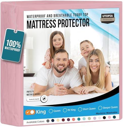 Utopia Bedding Waterproof Mattress Protector King Size, Premium 200 GSM Terry Mattress Cover, Soft & Breathable Bed Cover, Fitted Sheet Style with Stretchable Deep Pockets 17" (Pink)