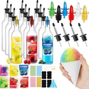 Maxcheck 12 Pcs Plastic Snowcone Syrup Bottles Snow Cone Supplies Empty Plastic Syrup Dispenser with Rainbow Pourer Plastic Long Neck Bottles for Summer Fruit Syrup Party(25 oz)