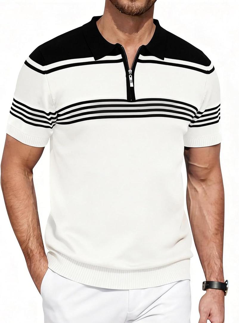 KUYIGO Men's Knit Polo Shirts Short Sleeve Striped Golf Polo Shirts Lightweight Casual Collared T Shirt (XXL)