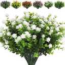 RECUTMS Artificial Flowers, Fake Boxwood Outdoor UV Resistant Plants Artificial Springs Flowers Eucalyptus Greenery Shrubs Bridal Wedding Bouquet for Home Garden Party Wedding Decoration(White) (8 Pcs)