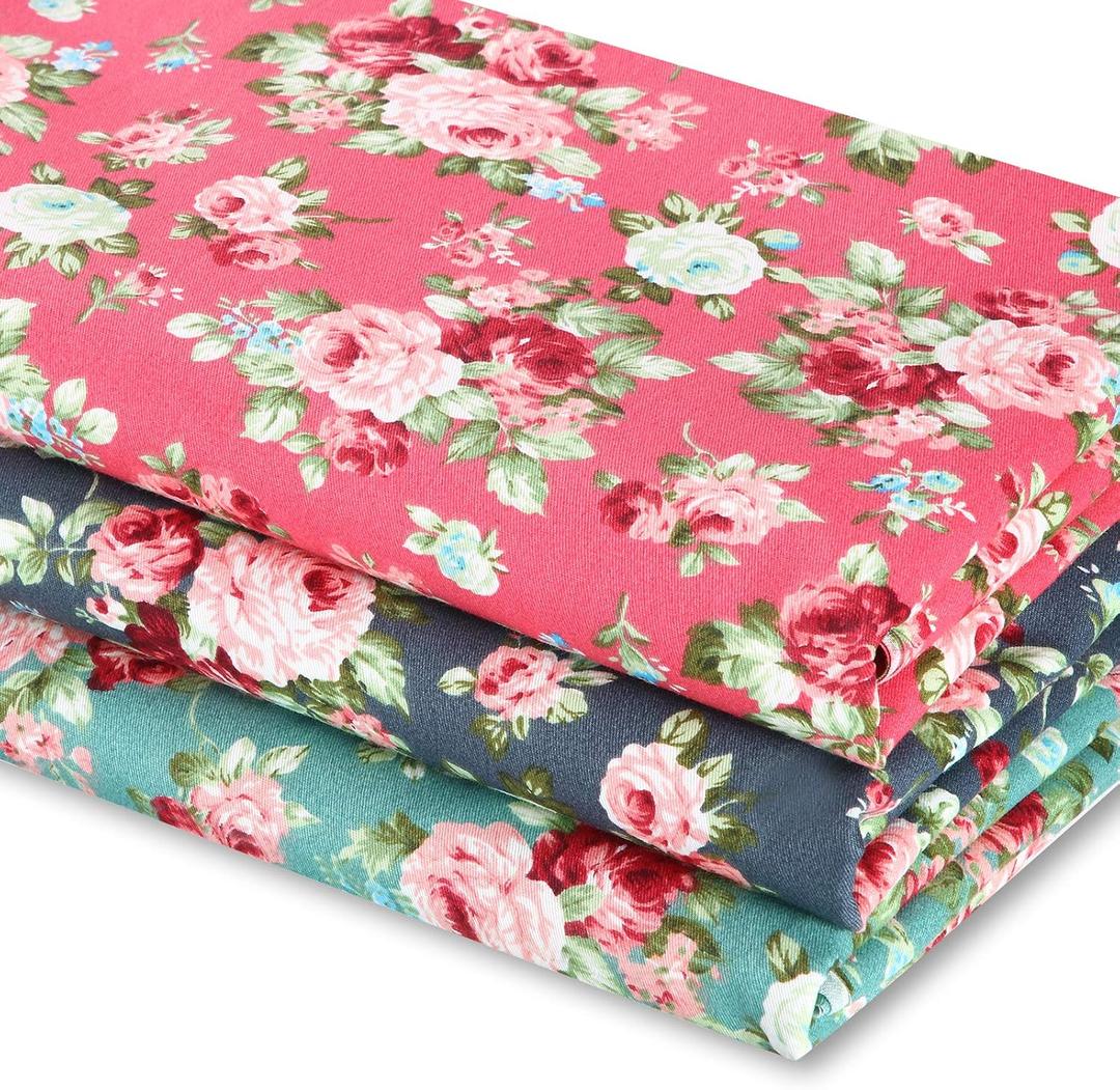 Boao 3 Pieces 3 Yards 62 Inch Wide Floral Cotton Fabric Rose Pattern Flowers Print Quilting Fabric Bundle for Mother‘s Day Quilting Sewing Crafting DIY Making