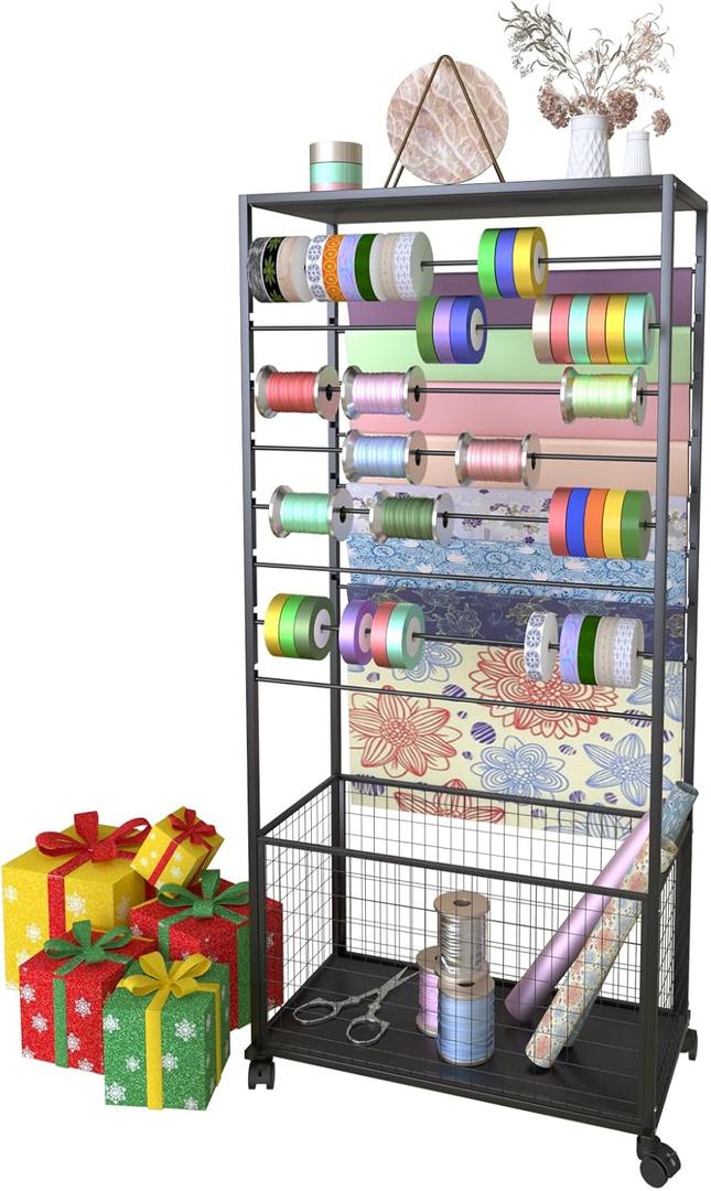 16 Tier Ribbon Organizer Rack, Double-Sided Ribbon Storage Holder for Craft Room, Floral Wrapping Paper Stand with Wheels, Rolling Ribbon Spool Racks Metal Display Shelf Sewing Station Cart,