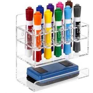 Clear Wall Mounted Marker Holder, Dry Erase Marker Holder | Sturdy Acrylic Material, Mounts To Wall, Marker Tip Slot Keeps Markers In Place | Holds 10 Markers & 1 Eraser (2.9x9.5x3.5in)