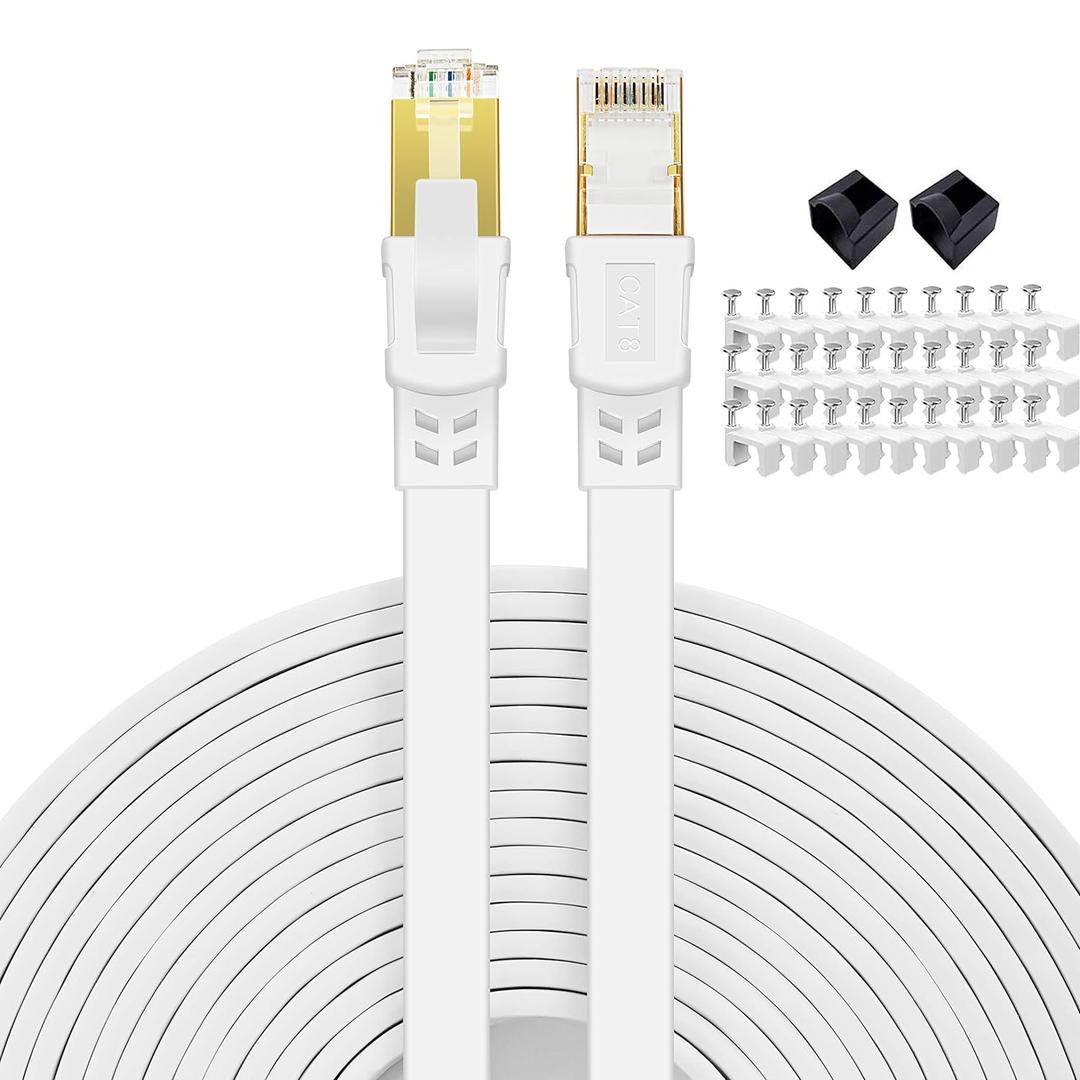 Cat 8 Ethernet Cable 50 ft High Speed Flat Internet Network RJ45 Cable Shielded 2000Mhz 40Gbps LAN Patch Cables Cords for Gaming, Xbox, PS5, PS4, PC, Router, Outdoor - Compatible for Cat7/Cat6a/Cat5e