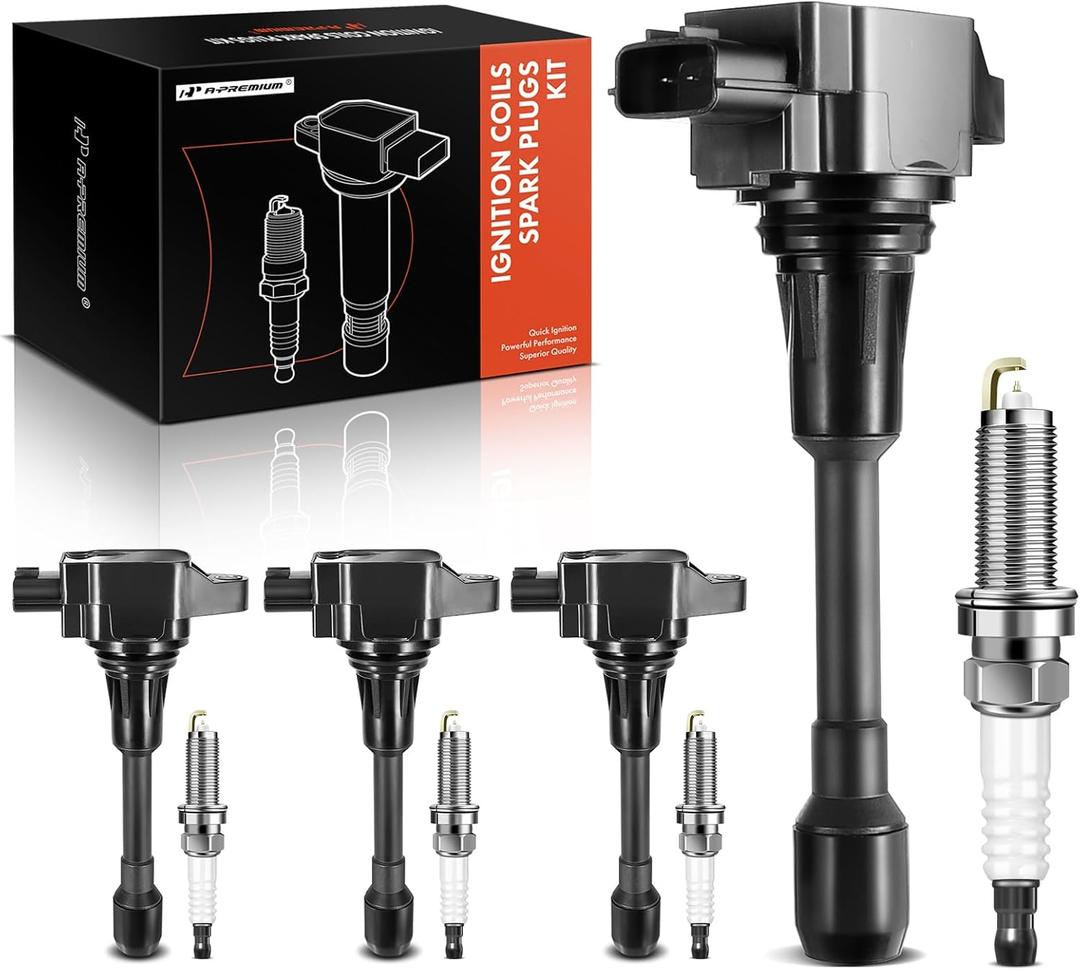 A-Premium Set of 4 Ignition Coil Pack and Iridium Spark Plugs Compatible with Nissan Altima Rogue Pathfinder Sentra Versa X-Trail Cube & Infiniti QX60 Q70 FX50 M56 1.6L 1.8L 2.5L