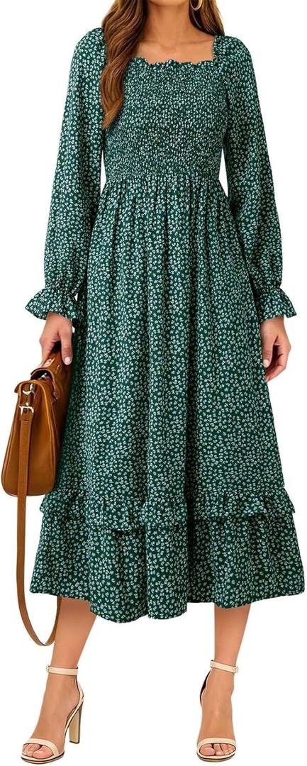 Dokotoo Boho Dresses for Women 2025 Casual Floral Square Neck Long Sleeve Smocked Elastic Waist Tiered Ruffle Hem Maxi Dress (Green)