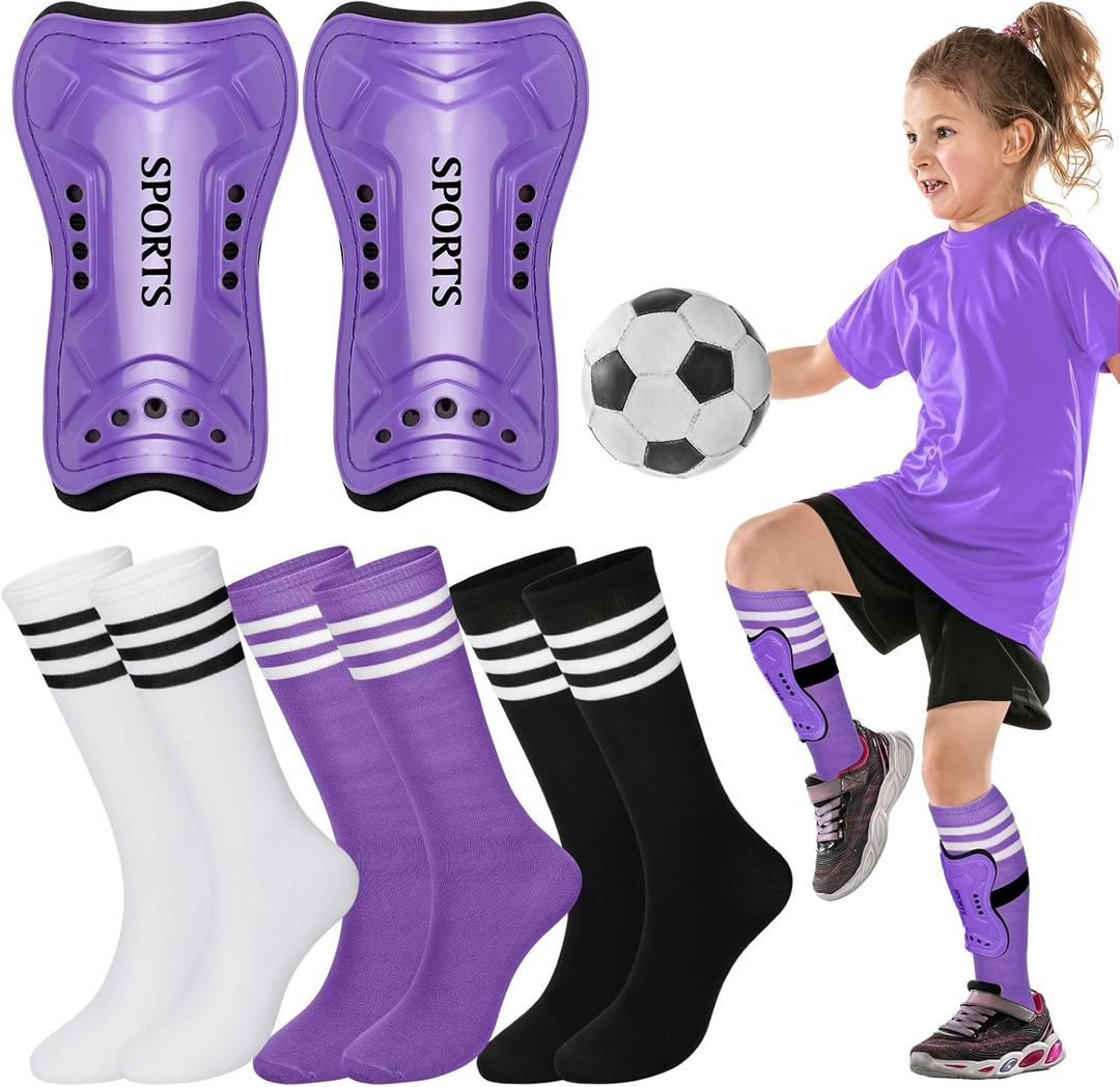 Liliful 4 Pcs Soccer Shin Guards Set for Girl Kids Youth Include 1 Shin Guards & 3 Sport Socks Protective Lightweight Gear Leg Pads Gear for 3-15 Girls Boy Children Teens (Small, Purple)