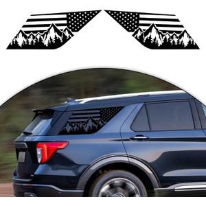 Zhizhong Rear Side Quarter Window Decals for Ford Explorer 2020-2022 2023 2024, Precut Matte Black American USA Flag Mountain Tree Back Side Window Sticker