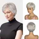Short Grey Wigs for White Women Short Layered Pixie Cut Silver Gray Wigs with Bangs Women Natural Curly Synthetic Hair Wig(8 inch, Silver Grey)