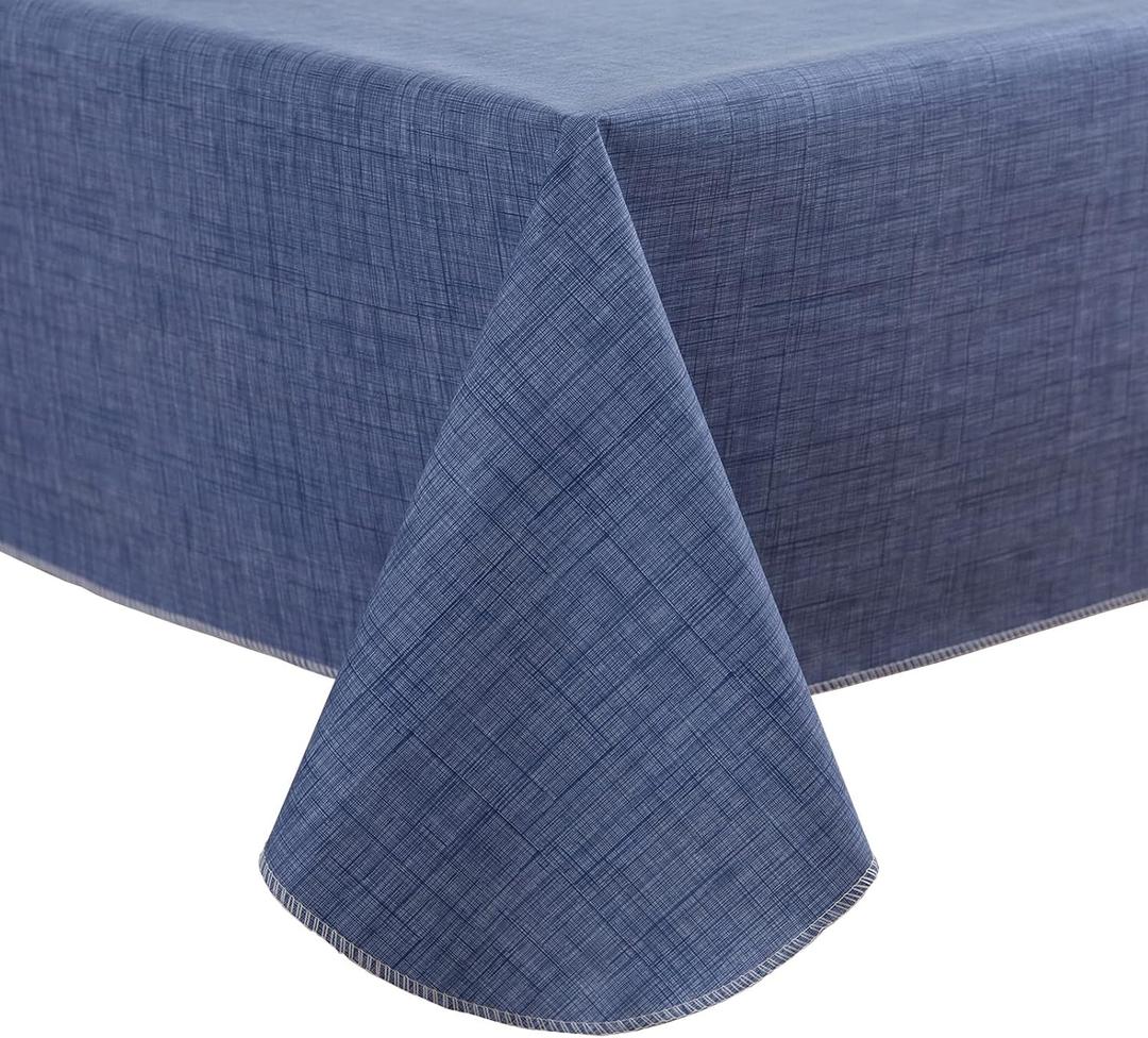 LIBERECOO Vinyl Tablecloth with Flannel Backing, Denim Blue, Waterproof, Stain-Resistant, Easy-Clean Table Cover for Dining, Kitchen, and Outdoor Use, 60" x 102" Rectangle
