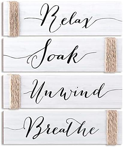 Jetec 4 Pieces Farmhouse White Bathroom Decor Wall Art Bathroom Sign Rustic Decor Relax Soak Unwind Breathe Wood Sign for Home Spa Bath Decoration, 11. 8 x 3 Inch