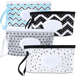 FEBSNOW 4 Pack Baby Wipe Dispenser, Portable Refillable Wipe Holder, Baby Wipes Container, Wipe Dispenser, Reusable Travel Wet Wipe Pouch (Geometric)