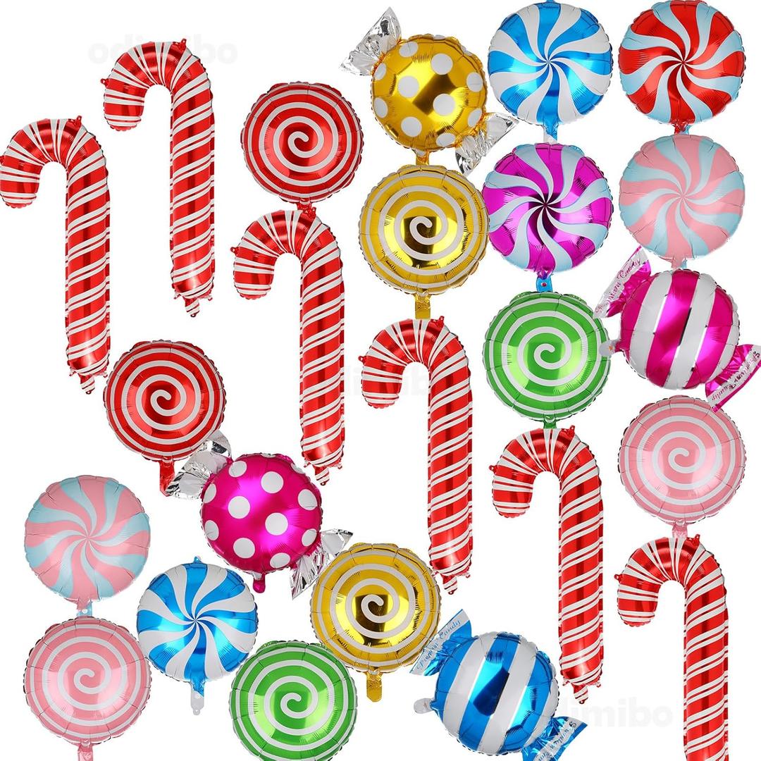 24 Pcs Christmas Foil Colorful Balloons Candy Cane and Lollipop Mylar Balloon Set for Xmas Friendsmas Candyland Birthday New Year Party Decorations