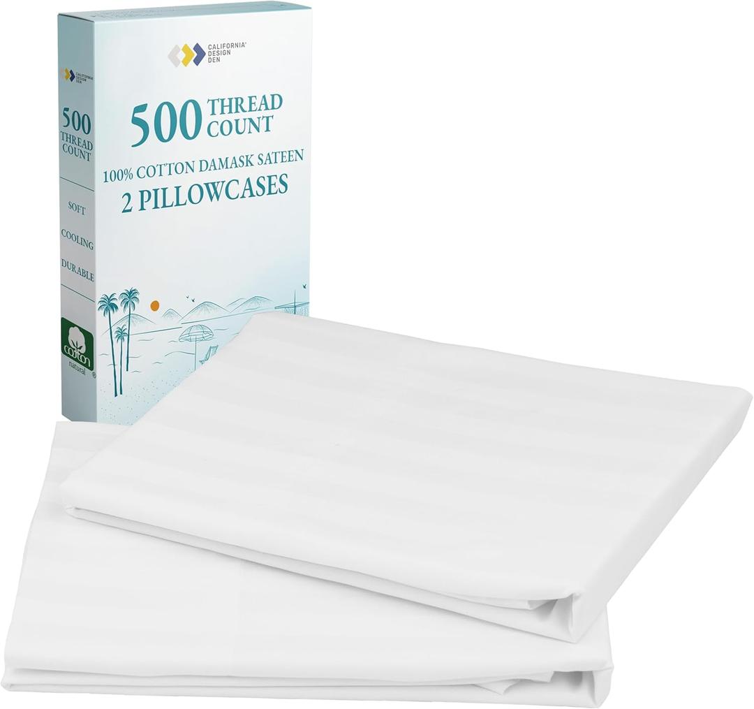 CALIFORNIA DESIGN DEN Soft & Silky 500 Thread Count 100% Cotton is Cool & Smooth, 2 White Standard Pillow Cases Fits Standard & Queen Pillows (Damask Stripe - Pure White)