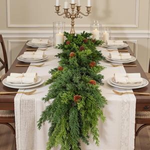 9FT Christmas Garland, Cedar Garland -Realistic Greenery Cypress Pine Garland with Pinecone for Mantle Table Railing Fireplace Indoor & Outdoor Christmas Decoration