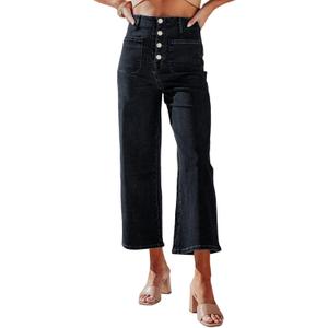 Sidefeel Women's Wide Leg Jeans High Waisted Zimbaplatinum Stretchy Straight Leg Jeans Buttoned Loose Denim Pants with Pocket (10, Black)
