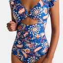 Women's One Piece Swimsuits Tummy Control Ruffle Bathing Suit Cutout Slimming Swim Suit V Neck Ring Linked Swimwear (Blue, XL)