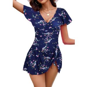 Women's One Piece Swimdress Swimsuits for Women Tummy Control Swim Dresses (Large, Denim Blue Floral)