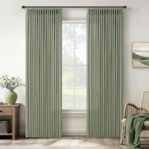 Sage Green Linen Curtains 96 Inches Long 2 Panels Set Pinch Pleat for Living Room Dining Light Filtering Semi Sheer Ceiling Track Curtains with Hooks Rings Pleated Drapes for Bedroom Window 8FT