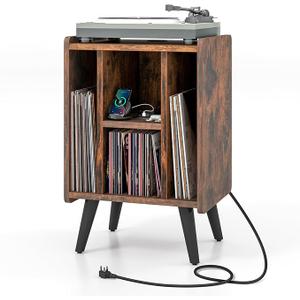 Giantex Record Player Stand, Turntable Stand with Charging Station, Mid-Century Modern Nightstand with 4 Storage Compartments, Vinyl Record Cabinet for Living Room Bedroom (Rustic Brown)