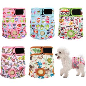 Dog Diapers Female 5pcs,Reusable Dog Doggie Puppy Doggy Diapers Female, Period Panties in Heat, Owl, Small