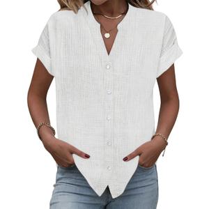 Button Down Shirts for Women Short Sleeve Cotton V Neck Tops Dressy Casual Loose Fit Office Work Blouses (M)