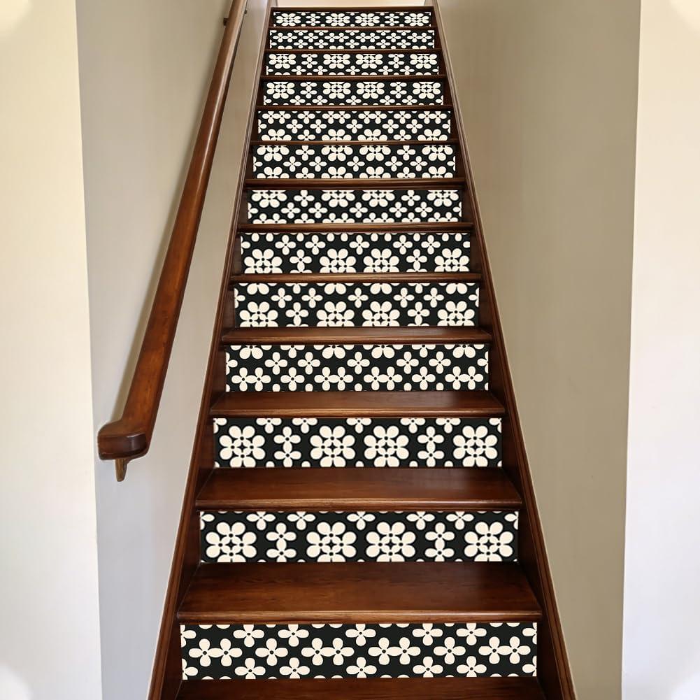 15Pcs Black and Beige Staircase Stickers Geometric Flower Vintage Tile Stickers Beauiful Self-Adhesive Water Proof Staircase Decor for Steps Living Room Park Bars 39.3" W x 7.08" H