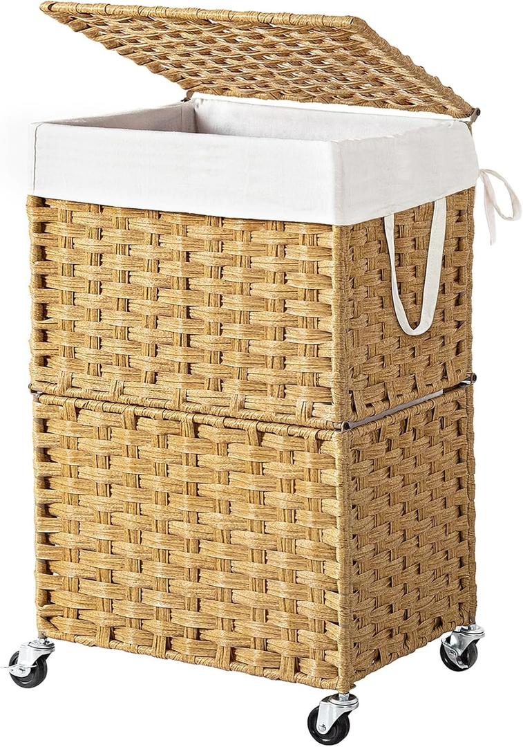 Chrislley 90L Slim Laundry Hamper with Wheels,Rolling Laundry Basket with Lid and Renovable Liner Bag,Handwoven Rattan Organizer for bedroom, bathroom, laundry room (Yellow) (90L, Yellow)