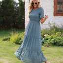 BTFBM Women Casual Short Sleeve Crew Neck Summer Dress Bohemian Floral Printed Flowy Maxi Dresses Tiered Cocktail Dress (Blue, XL)