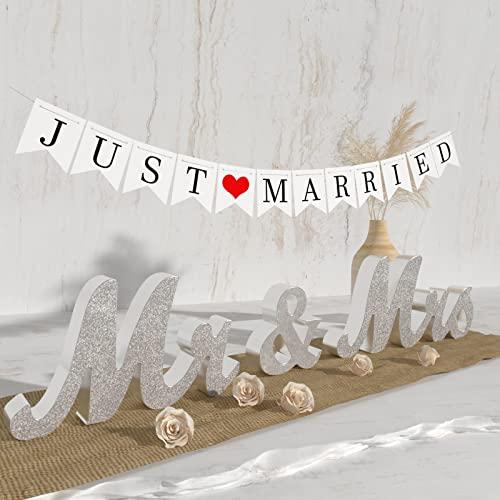 VIOPVERY Mr and Mrs Sign & ,Mr & Mrs Signs for Wedding Table,Large Wooden Letters for Sweetheart Table,Photo Props Wedding decorations for Anniversary,Silver, Without a Just Married Banner
