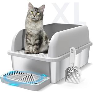 Enclosed Stainless Steel Cat Litter Box with Lid Extra Large Litter Box for Big Cats XL Metal Litter Pan Tray with High Wall Sides Enclosure, Non-Sticky, Anti-Leakage, Easy Cleaning (6 Deep, Light Grey & Sliver)