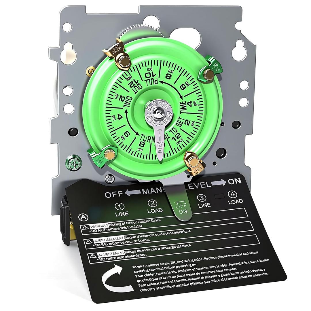 T104M Mechanical Time Switch Mechanism Only, 208-277 VAC 40A DPST Time Switch, 24 Hour 12 ON/Off Heavy Duty Electromechanical Timer, for Pool Pump HVAC Fans Water Heater Lights