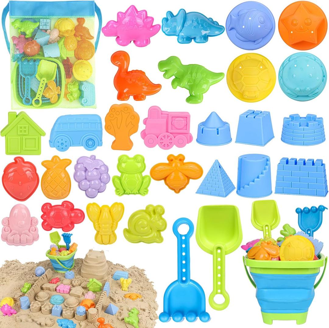 Beach Toys, Collapsible Sand Toys for Toddlers, Sand Bucket and Shovels Set with Mesh Bag Cute Sand Molds, Travel Sand Toys for Beach, Sandbox Toys for Toddlers Kids Baby Boys Girls Age 3-10