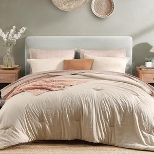 Monbix Queen Comforter Set - 7 Pieces Oatmeal Prewashed Bed in a Bag Queen Bedding Sets with Comforters, All Seasons Ultra Soft Comforter Bed Set with Sheets,Pillowcases & Shams