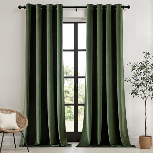 EMEMA Velvet Curtains 96 Inches Long, Olive Green Luxury Blackout Curtains for Living Room, Grommet Room Darkening Elegant Thermal Insulated Window Treatment for Bedroom W52 x L96, 4 pieces